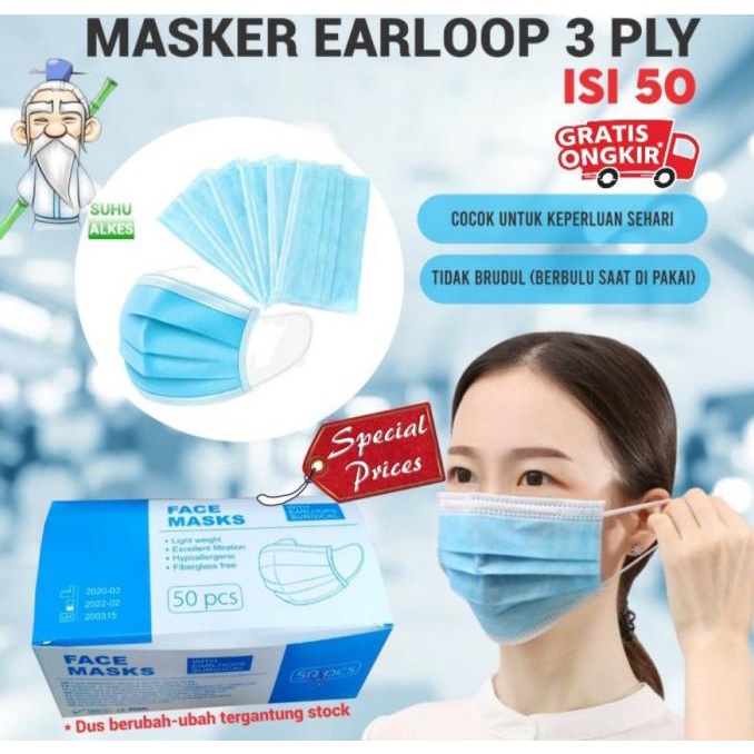 MASKER 3PLY / MEDIS / SURGICAL MASK / DISPOSABLE MASK / MASKER 3 LAPIS - 3PLY BIRU BOX