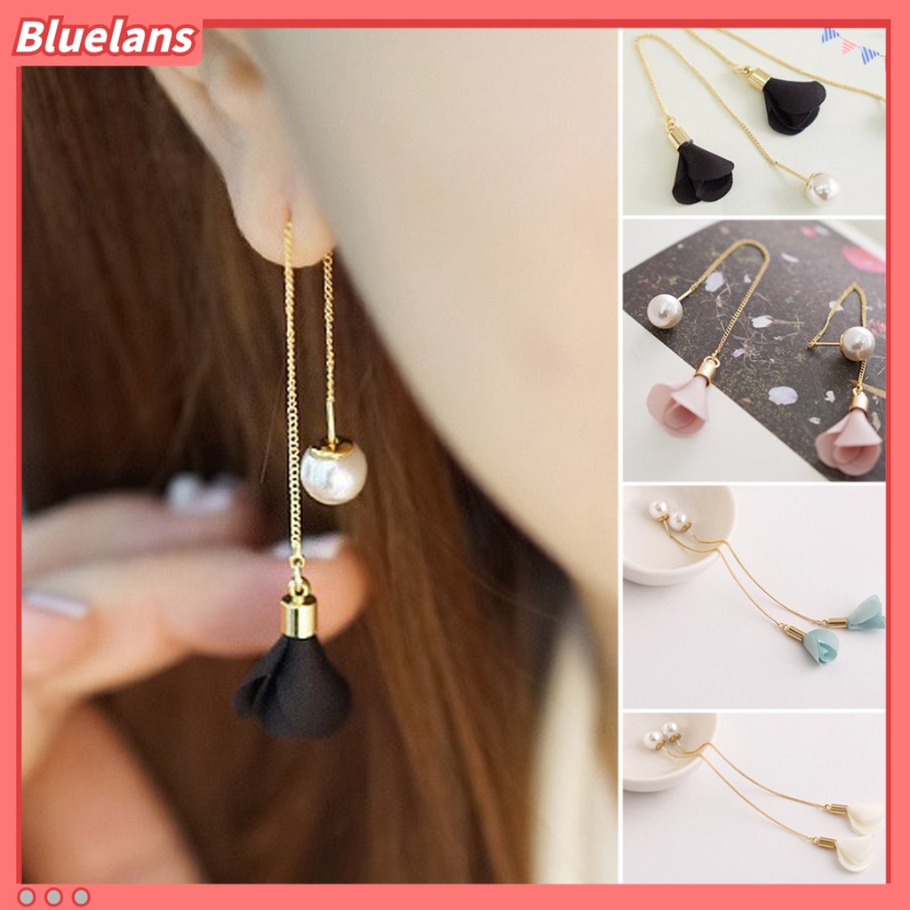 1 Pasang Anting Gantung Panjang Model Bunga Rumbai Aksen Mutiara Imitasi Untuk Wanita