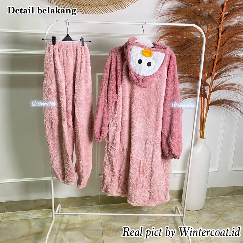 Pajamas set import korea piyama wanita oversized baju tidur big size onesie pink duck bow jumbo hangat winter