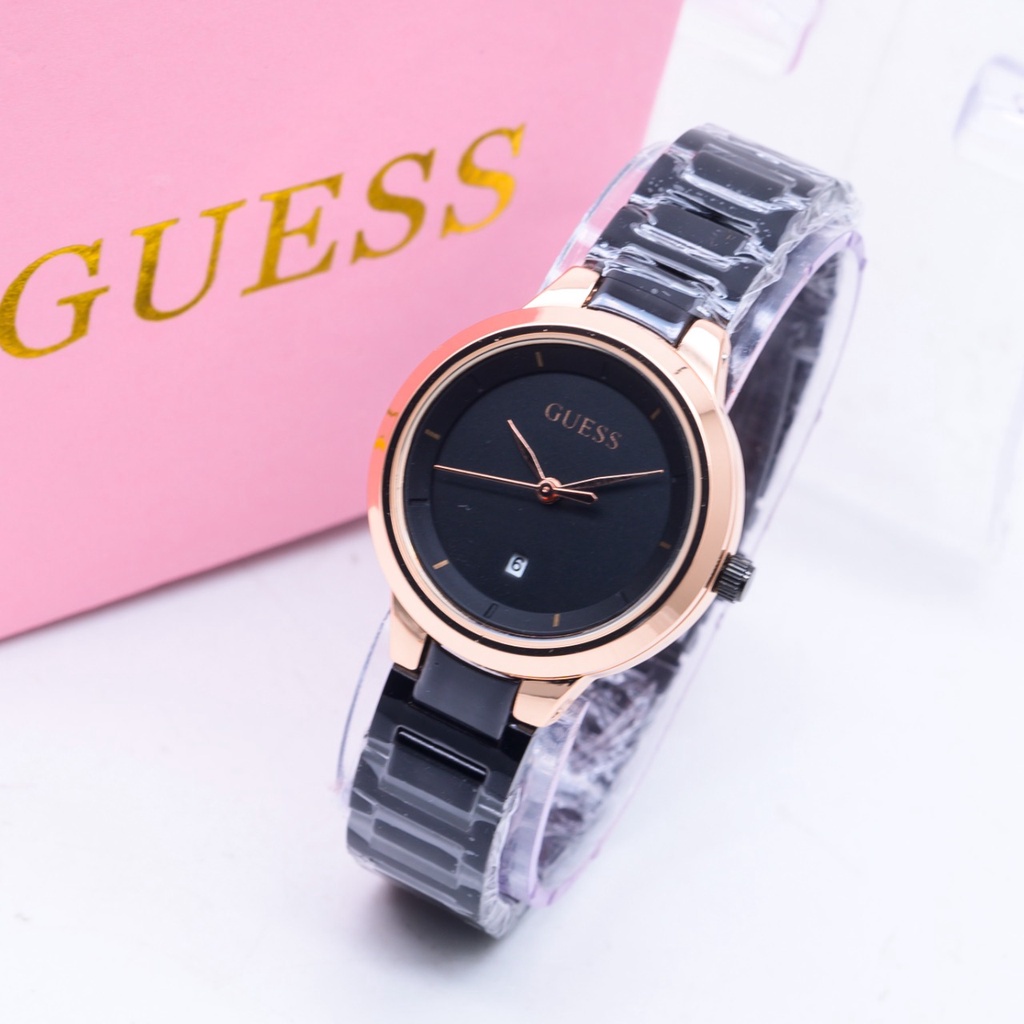 JAM TANGAN WANITA GUESS RANTAI STAINLESS BULAT TANGGAL AKTIF FREE BOX PINK &amp; BATERAI CADANGAN || JAM TANGAN FASHION CEWEK MURAH GC