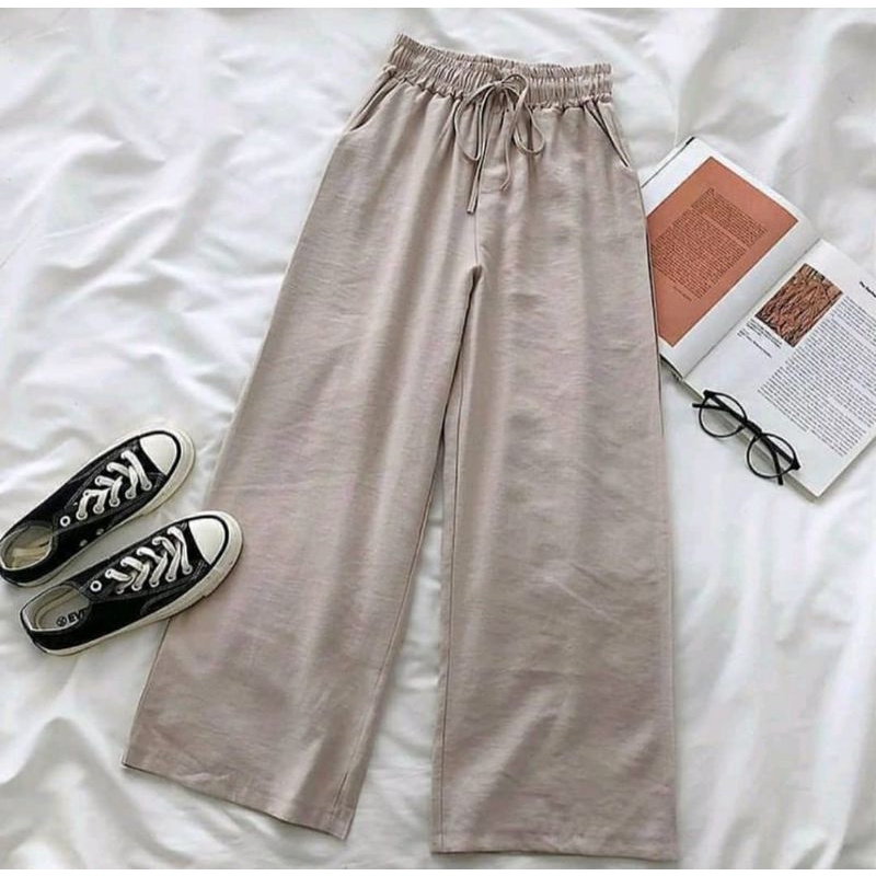 Celana Wanita Kekinian WIDI PANTS Kulot Jumbo Panjang Bahan Linen Rami Premium Import Fashion Bawahan Dewasa Ootd Pinggang Full Karet Serut Highwaist Cewek Remaja Model Ala Korea Gaya Modern Murah Dan Terbaru Hitam-Abu- abu