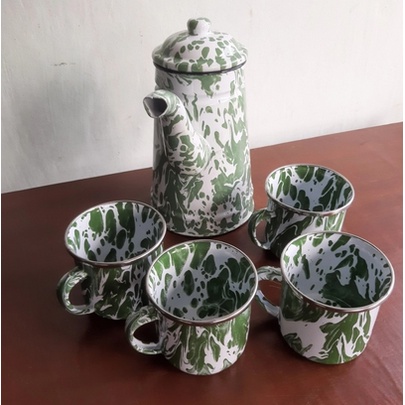 TEKO ESKAN CERET SET MUG CANGKIR GELAS ENAMEL SENG KALENG BLIRIK BLURIK BURIK LURIK LOREK LORENG BAT