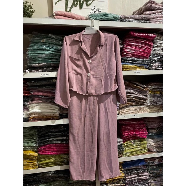 ONE SET CROP TOP BLEZER || KEMEJA CROP CRINGKLE || SET WANITA-MOCCA