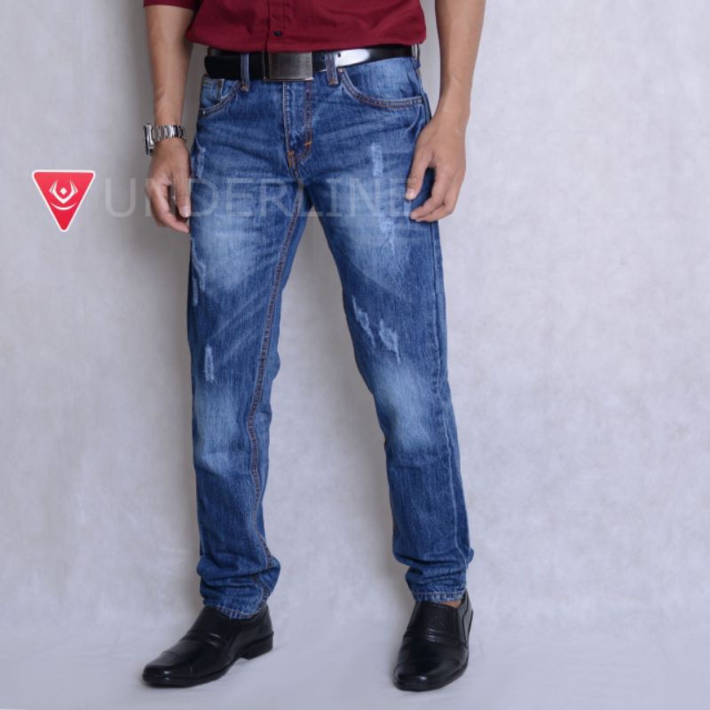 celana jeans reguler pria sobek laser / jeans reguler pria sobek laser / reguler original produk