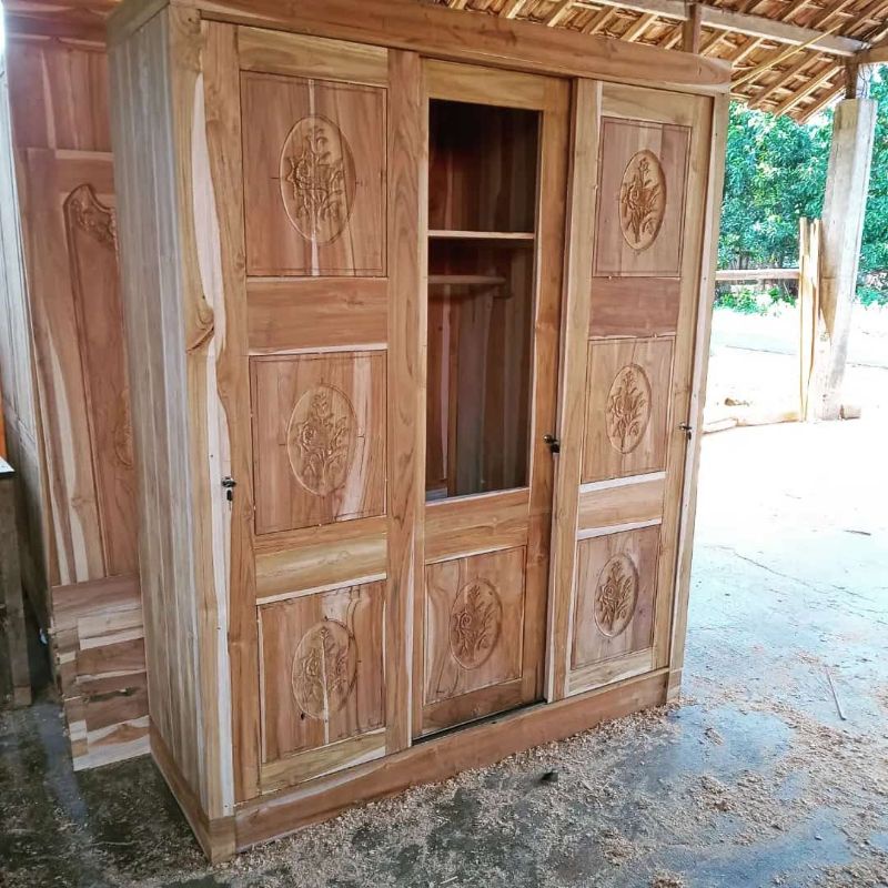 LEMARI PAKAIAN MINIMALIS SLEDDING PINTU 2 /3 ALMARI JUMBO KAYU JATI TUA ASLI JEPARA