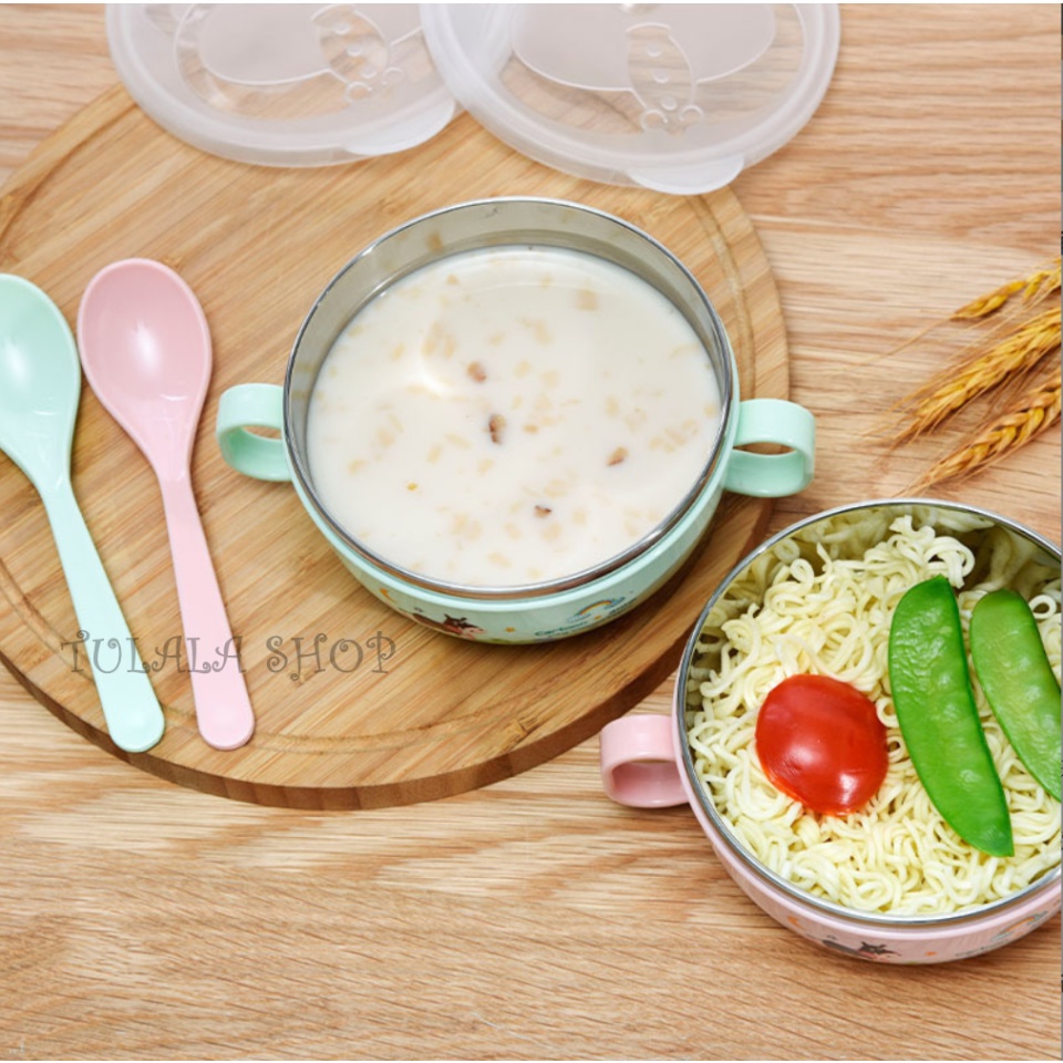 [TULALA SHOP]Kids Feeding Bowl Stainless Steel Spoon Mangkuk Bubur Makan Sup Sendok Karakter Bayi Anak/Set Mangkuk Sup Bahan Stainless Steel Anti Jatuh Dan Anti Panas Dengan Tutup Telinga Ganda Untuk Anak