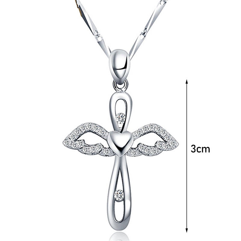 Kalung Rantai Lapis Silver 925 Dengan Liontin Salib + Sayap Malaikat Mewah Untuk Wanita