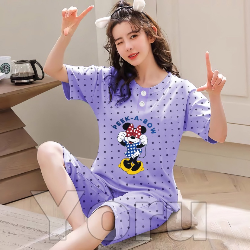 Pamelo Piyama 3/4 Baby Doll Murah Suplier Sleep Wear All Size Baju Tidur Wanita kaos Katun Stelan Stage2 Baju Tidur Murah Produk Terlaris-3/4 Mini pee bo Ungu