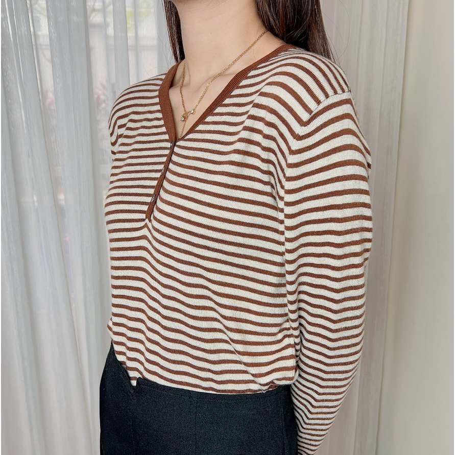 【Elegant】Summer  Striped Long Sleeves With Buttons knitting T-Shirt 7401