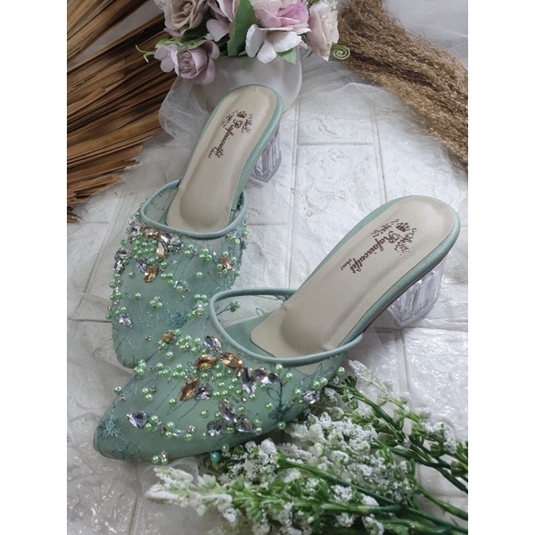 sepatu wedding kekeysa hijaumint tinggi 5cm kaca