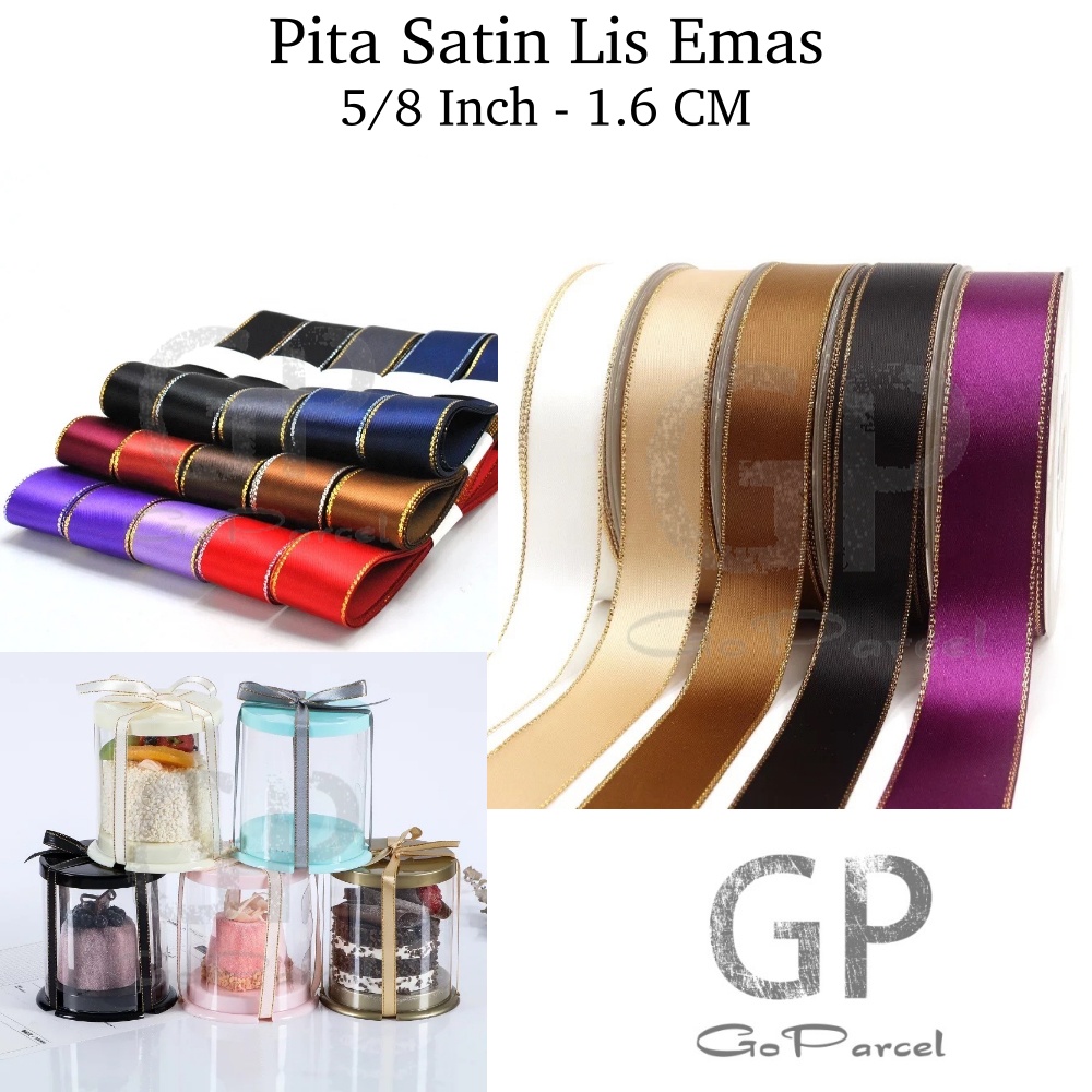 ( Rol 20 Yard ) PITA SATIN LIST EMAS 5/8 INCH / PITA KADO 1.6 CM / SILK RIBBON GOLD EDGE 5/8 IN