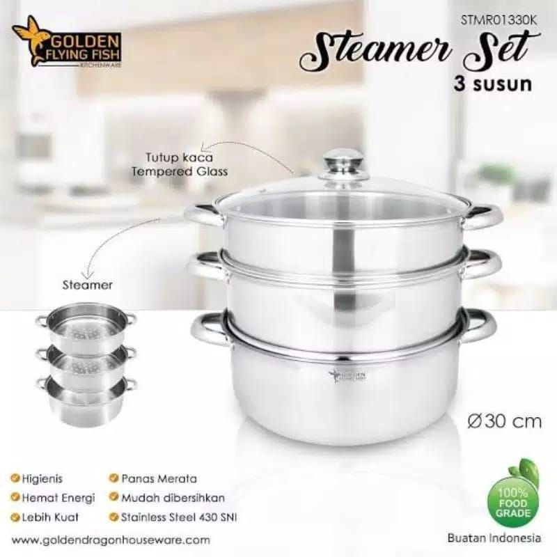 Panci Steamer Set 2 Susun Dan 3 Susun Golden Flying Fish Stainless Steell