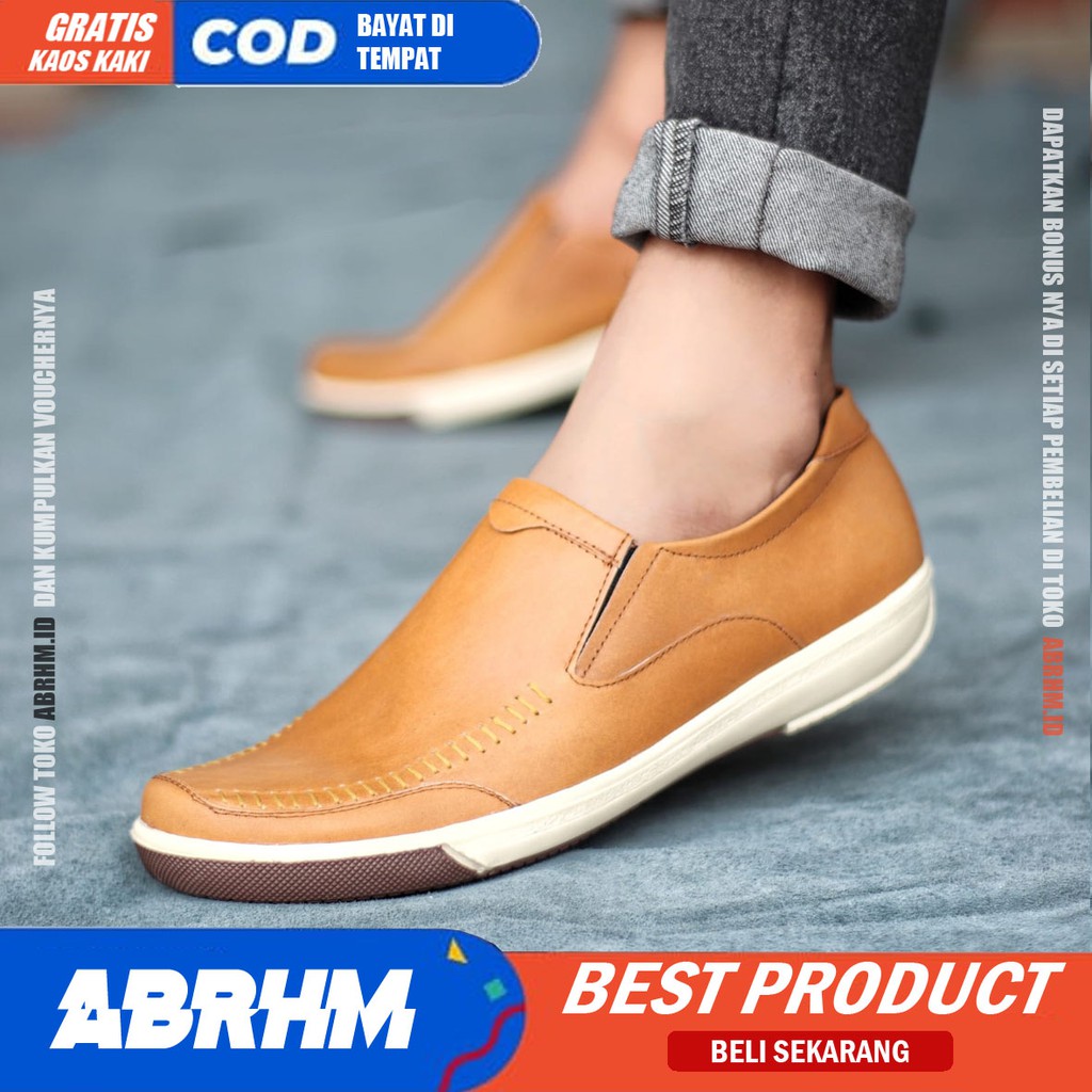 ABRHM x SANVER Sepatu Slip On Casual Kulit Asli Original Slop Anti Slip Kasual Formal Pantofel Kerja Kantor Kuliah Keren Kekinian Gaya Pria Cowok / Cowo