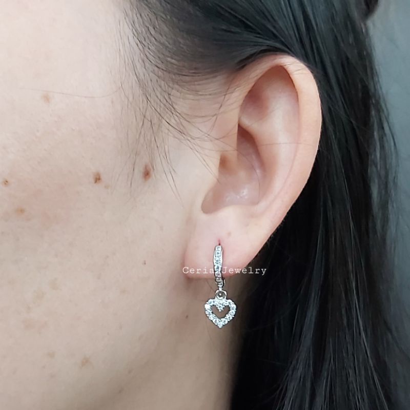 Anting Perak Asli Silver 925 Lapis Emas Putih Model Jepit Bulat Permata Gantungan Love Permata Keliling - Perhiasan Perak Wanita