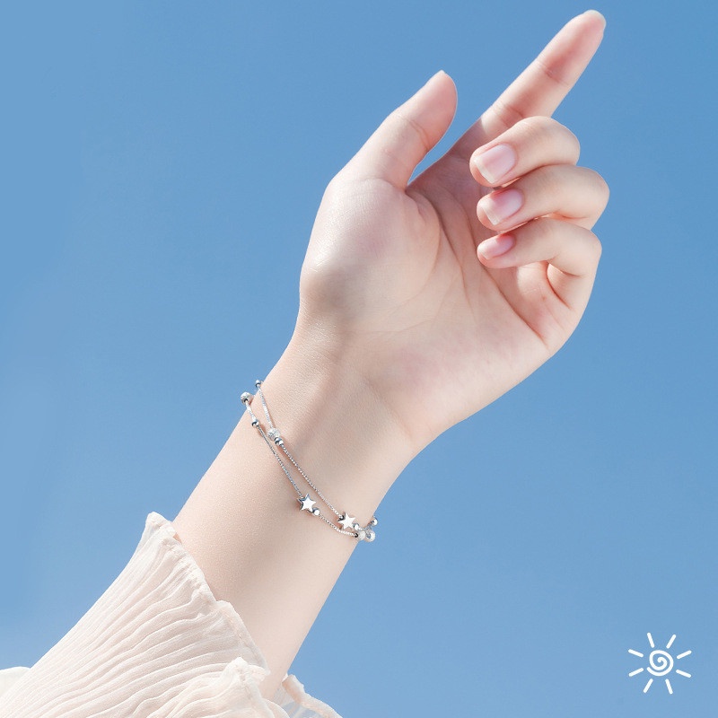 Roselife Gelang Tangan Rantai Sterling Silver 925 Aksen Manik-Manik Persegi Ala Korea Untuk Wanita