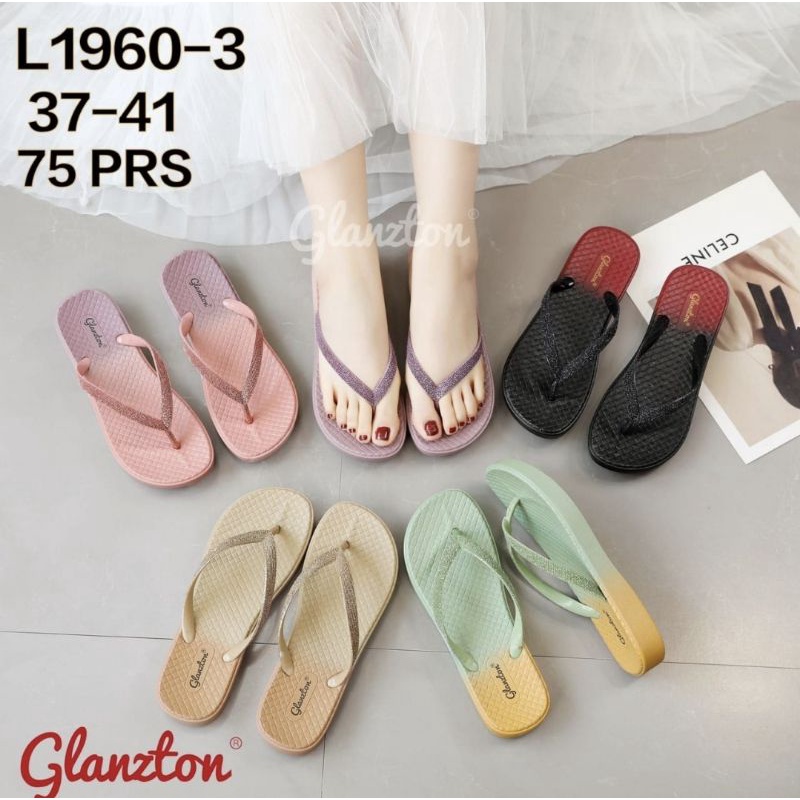 GLANZTON 1960-3 SANDAL WEDGES IMPORT WANITA 3 CM CEWEK GLITTER BLING BAHAN KARET LENTUR ANTI SLIP