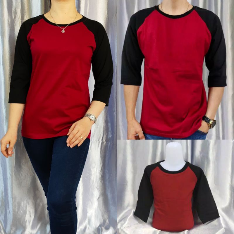 kaos reglan polos lengan 3/4 MARON-HITAM uk 20 22 S M L XL XXL