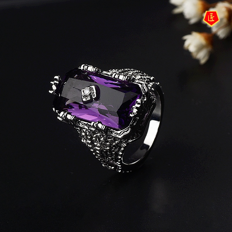 [Ready Stock]Personality Vintage Inlaid Chamfered Rectangular Amethyst Ring