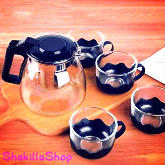TEA POT SET 5 IN 1 BAHAN KACA TEKO SARINGAN TEH DAN GELAS CANGKIR TEH KOPI SET