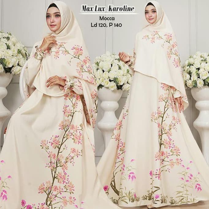 BAJU GAMIS SYARI SYARII JUMBO MUSLIM KAROLINE MOCCA MEWAH BONUS KHIMAR
