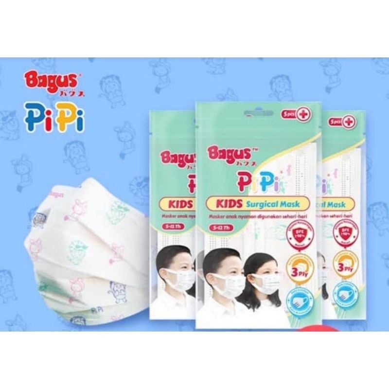 Bagus PiPi Kids Surgical Mask 5 pcs - Masker Medis Anak 3 Ply