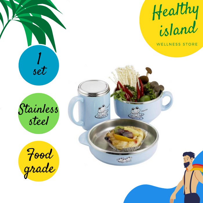 Piring Mangkug Gelas Anak Biru Stainless Steel Food Grade Zebra Set