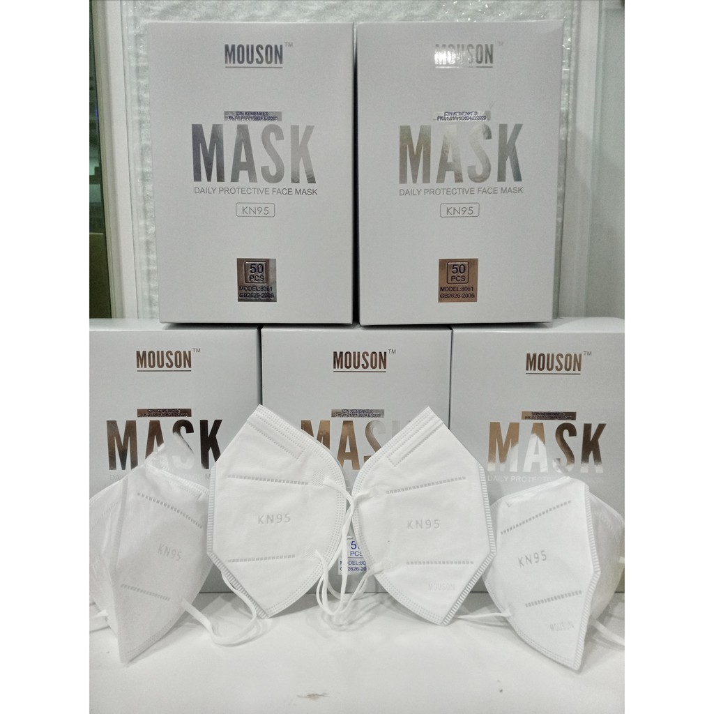 PM Masker KN95 MOUSON isi 50 ada logo dan Tali elastis IZIN KEMENKES -Putih PASAR MURAH ORIGINAL