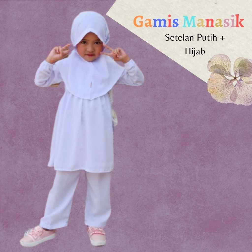 KIRANALABEL-setelan gamis manasik haji umroh anak TK Paud baju muslim manasik putih polos