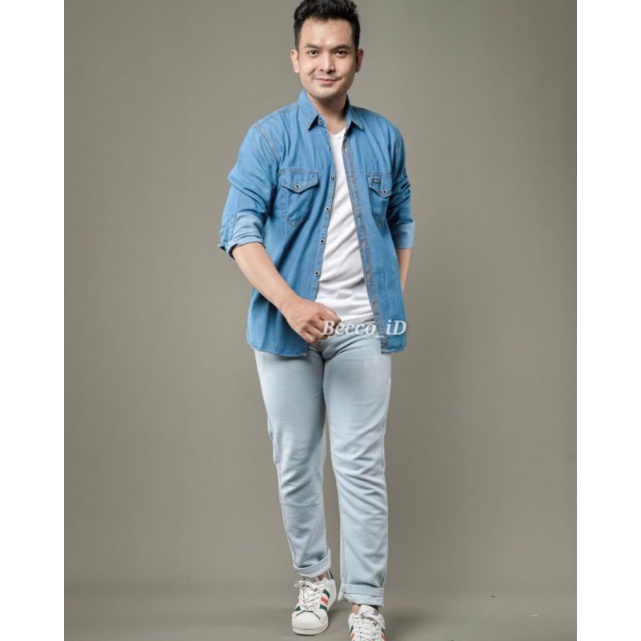 kemeja jeans denim lengan panjang pria - kemeja jeans distro lengan panjang - kemeja denim import - kemeja jeans distro murah terbaru