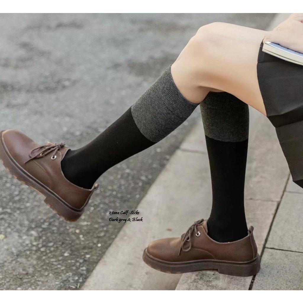Kaos Kaki Cewek Panjang Selutut  Kaos Kaki Gaya Jepang korea  Kaos Kaki Muslimah Calf Socks Polos-Grey Black