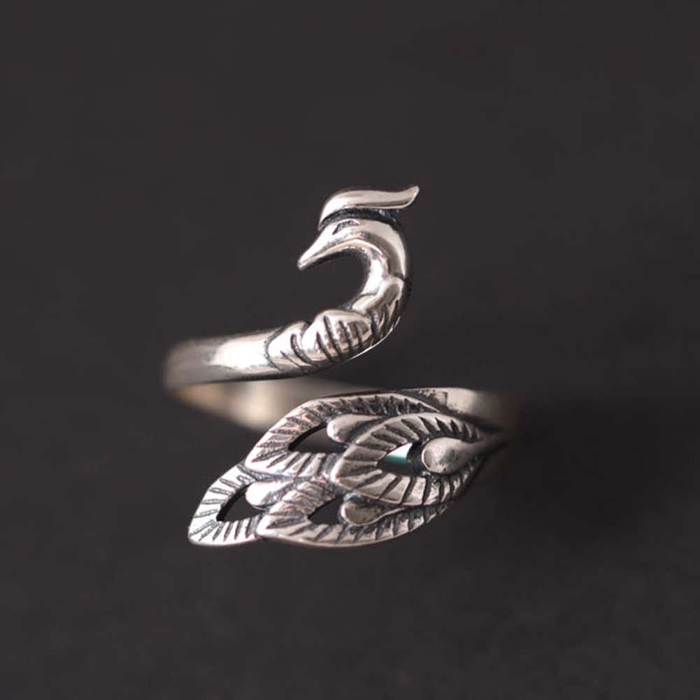 Hu Hu Hu Hu Hu Alat Bantu Pasang Kacamata♡ Cincin Model Terbuka Desain Ukiran Merak Warna Silver Gaya Vintage Untuk Wanita