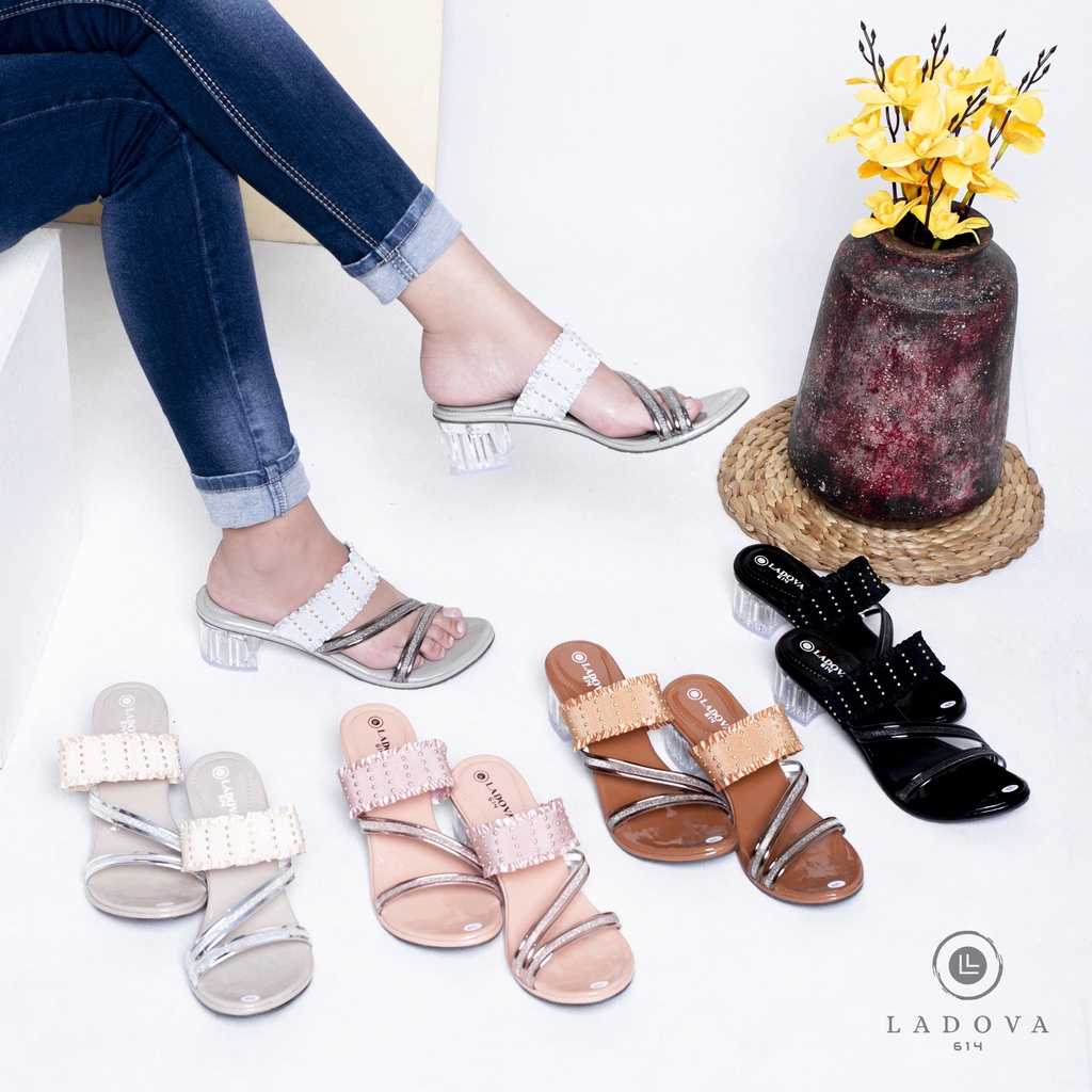 Ladova SOFIYA Sandal Wanita Heels Pesta Hak Kaca 5cm Tali Renda Elastis Kombinsi Jelly Party Terbaru