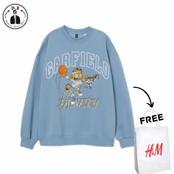Crewneck Sweater Pria Wanita H&M Garfield Babyblue Sweater Hnm Fulltag - Baby Blue, M Barang Bagus