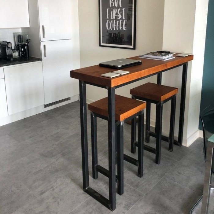 Meja Bar Minimalis Industrial Kayu & Besi – Set Meja + 2 Kursi Tinggi