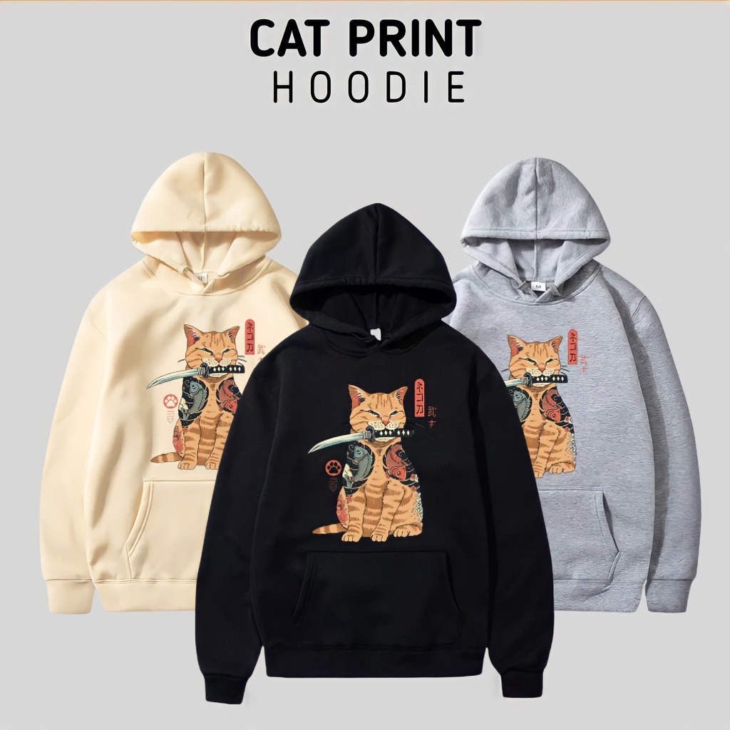 Hoodie Jaket Pria Distro Cat Print Japan Style Original Hoddie Sweater Cowok Anime Jepang Hoody Hudi