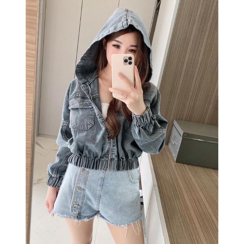 Hoddie Jeans Cropty Premium / Jaket Bomber Jeans Crop