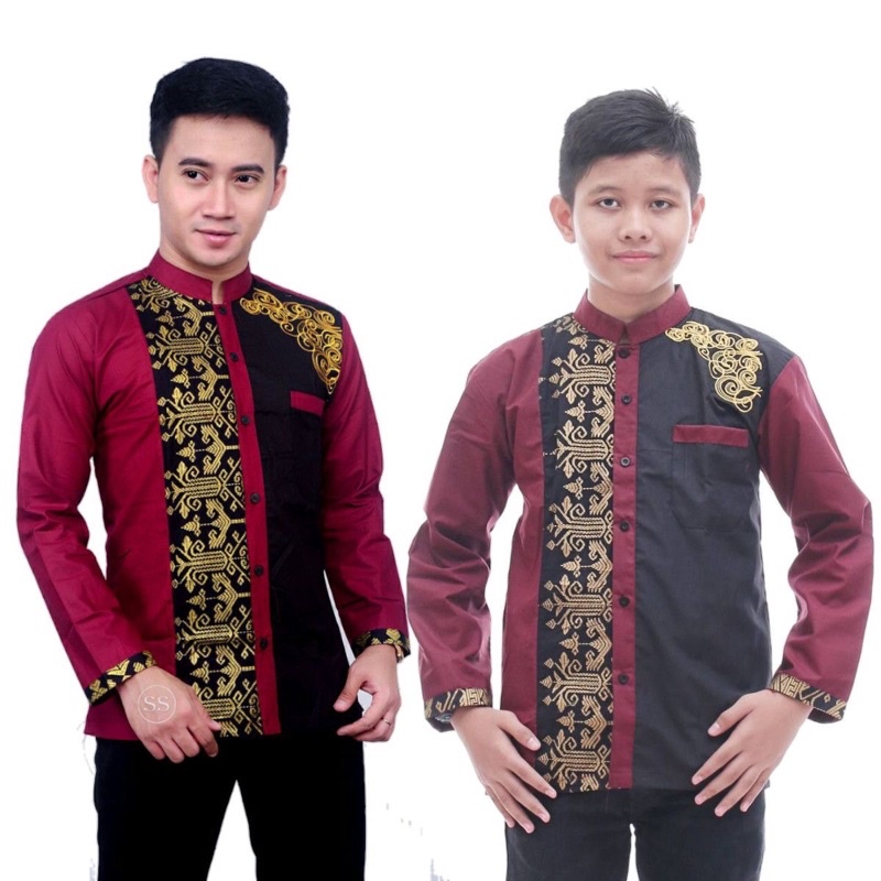 Baju Koko Batik Kombinasi Bordil Dewasa Dan Anak