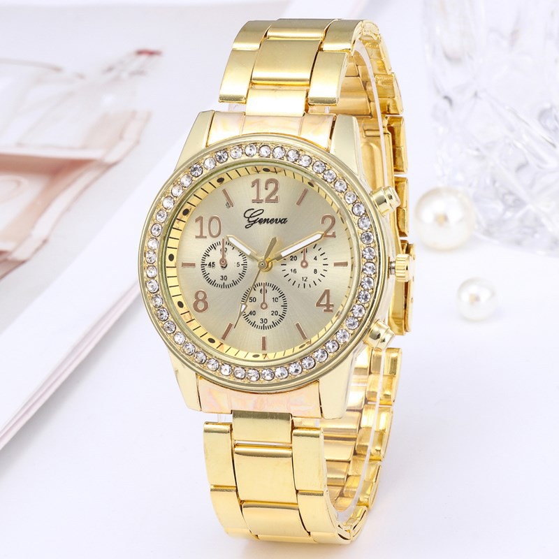 Jam Geneva Wanita Analog Diamond Fashion Casual Lady Wrist Watch Import-Gold