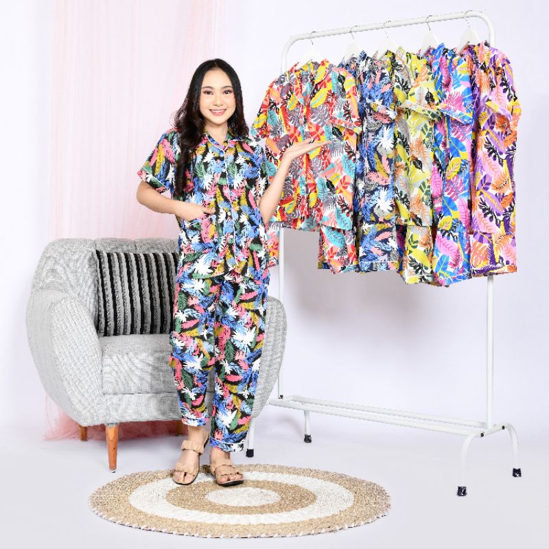 Baju Tidur Piyama Wanita Dewasa Motif Daun Janbol CP Lengan Pendek Celana Panjang Kekinian