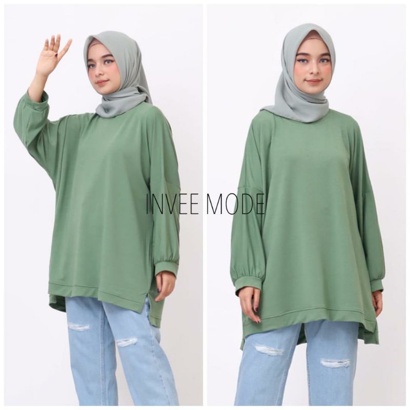 ATASAN BLOUSE WANITA BATWING JUMBO BIGSIZE OVERSIZE BABYTERRY SPANDEX - 1781-Hijau Semen