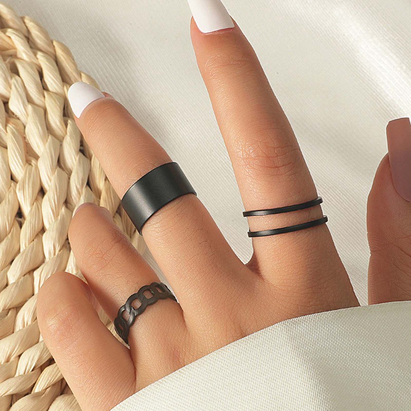 3Pcs Women Hip Hop Rock Metal Round Geometric Rings Ladies Hollow Out Resizable Rings Set Bands Jewelry Gifts Couple Rings