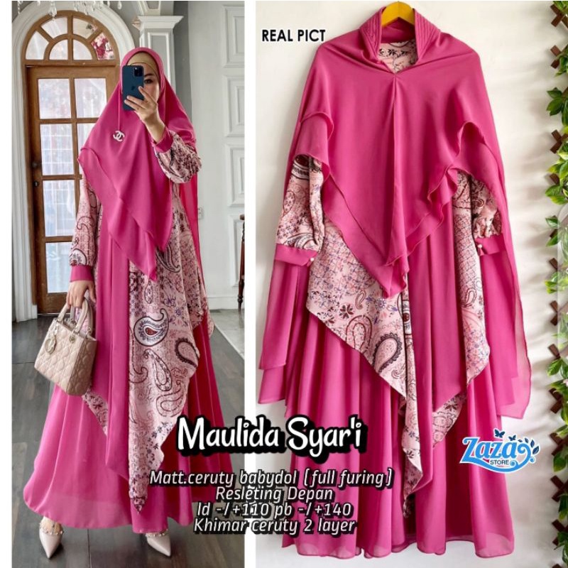 Gamis syari set Maulida Syari gamis layer motif gamis Ceruti babydoll busui khimar 2 layer