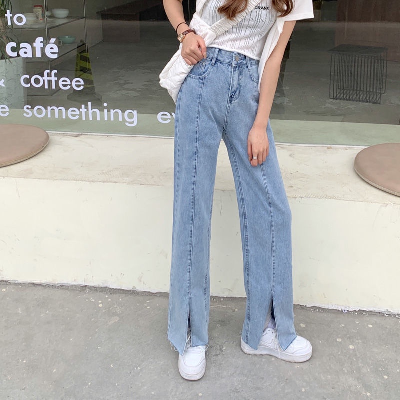 【LULU】korean style new Perpecahan biru muda highwaist Loose Slit celana jeans wanita