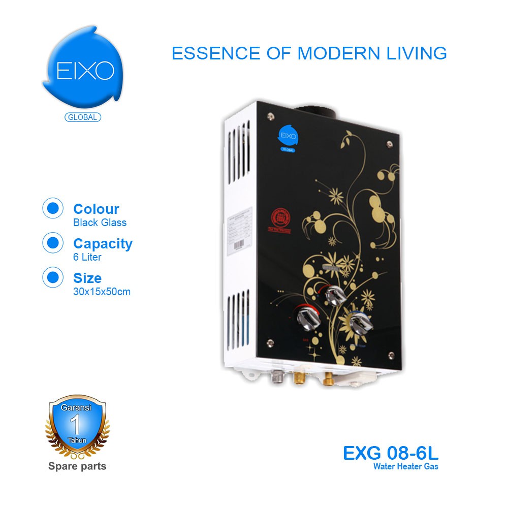 EIXO Global EXG 08-6L Gas Water Heater Glass Panel Pemanas Air LPG 6 Liter Motif