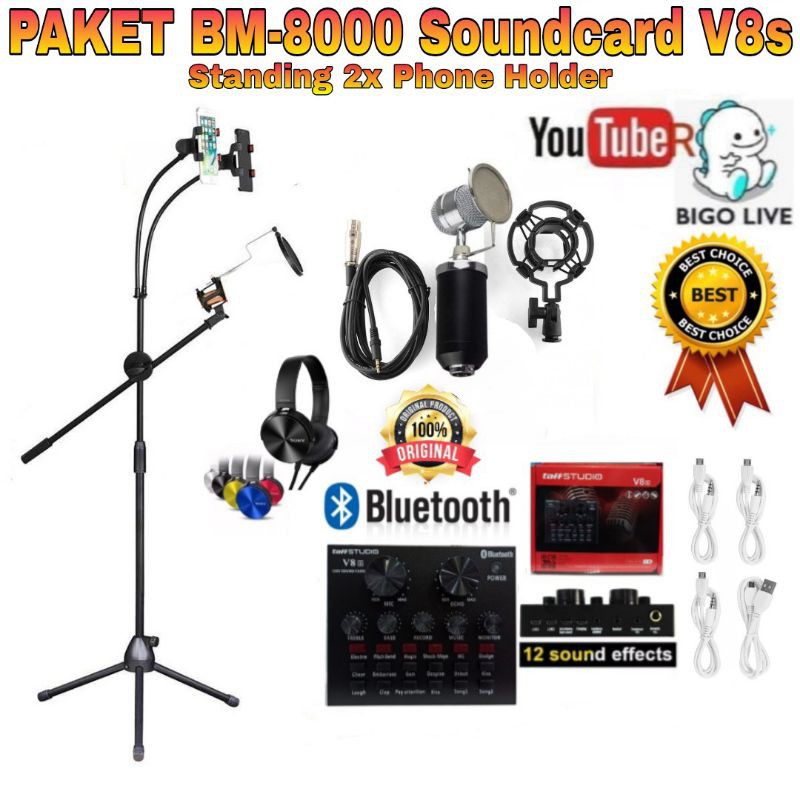 Paket Komplit Mic BM8000 Soundcard V8 Stand Berdiri Standing Holder Tripod with 2 x phone Holder