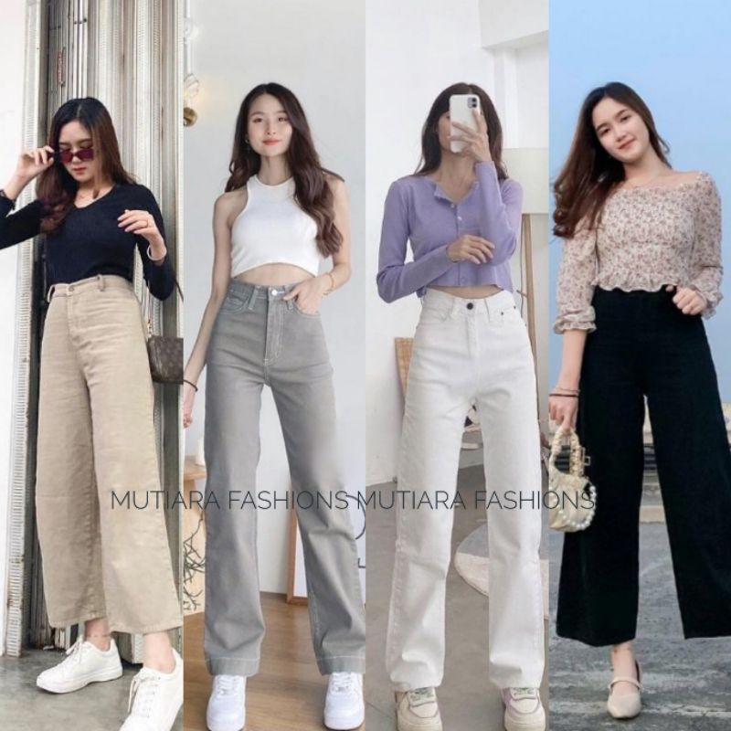 celana jeans wanita kekinian high waist jeans pinggang karet kulot jeans putih korean style kulot panjang