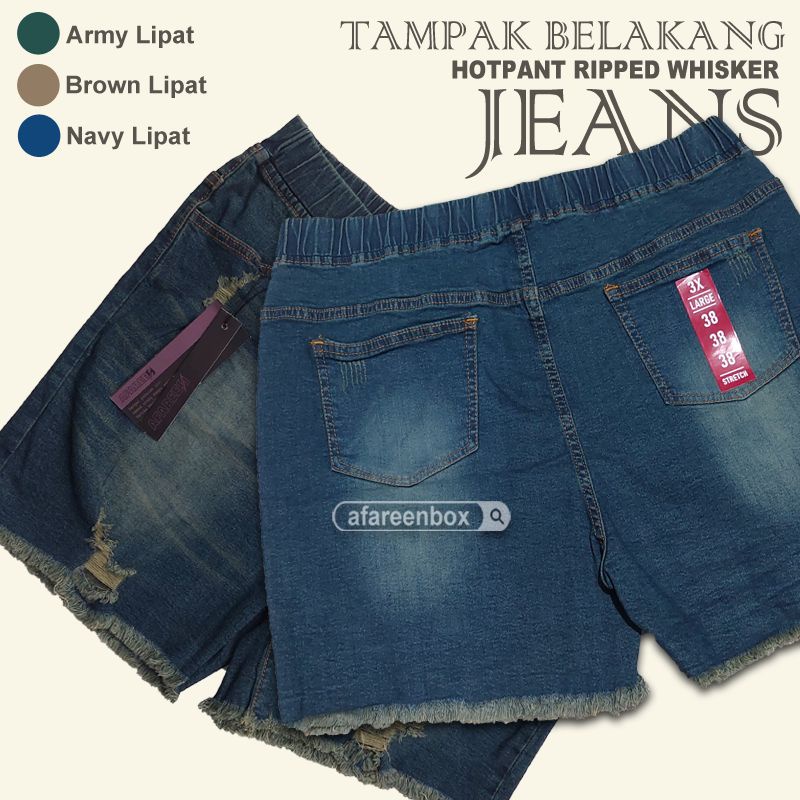 AFAREEN - Celana pendek jeans wanita jumbo hotpants jeans ripped sobek rawis rumbai 2/3 melar Celana Korea pinggang karet stretch Big size 35-42