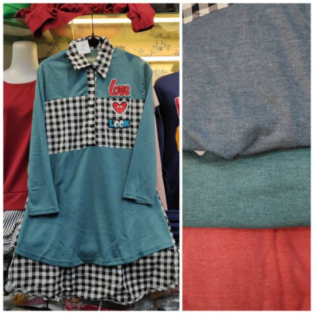 Tunik remaja wanita kaos kombinasi kotak katun love look busui import