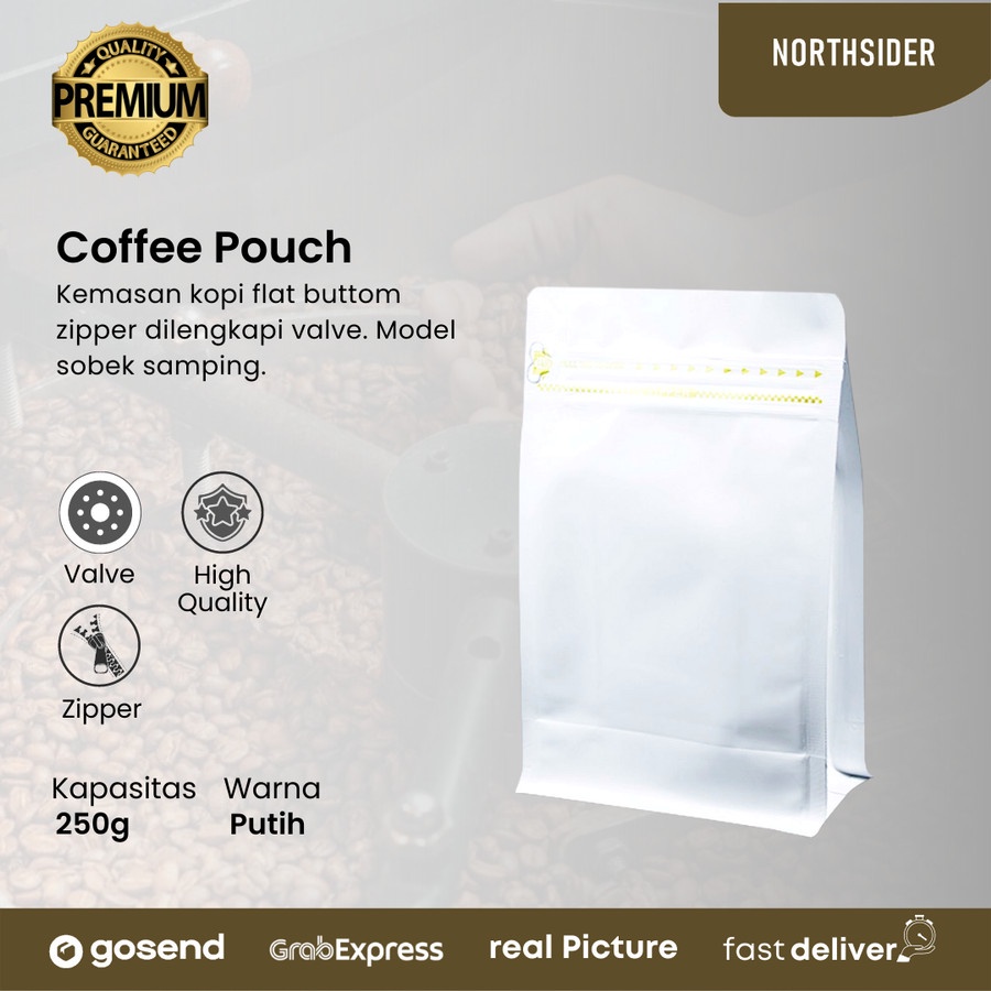 KEMASAN KOPI 250GR - STANDING POUCH FLAT BOTTOM ZIPPER AND VALVE