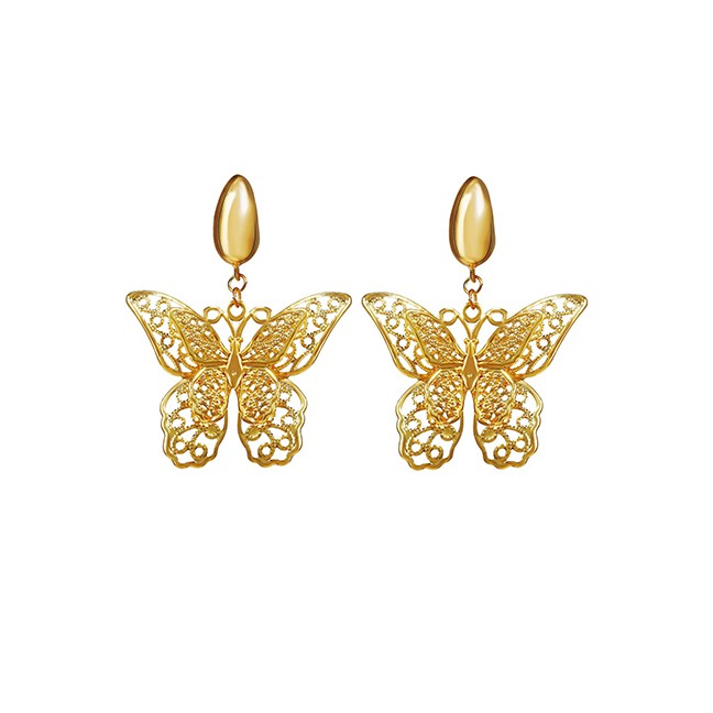 LRC Anting Tusuk Fashion Golden Hollow Double Butterfly Alloy K55516